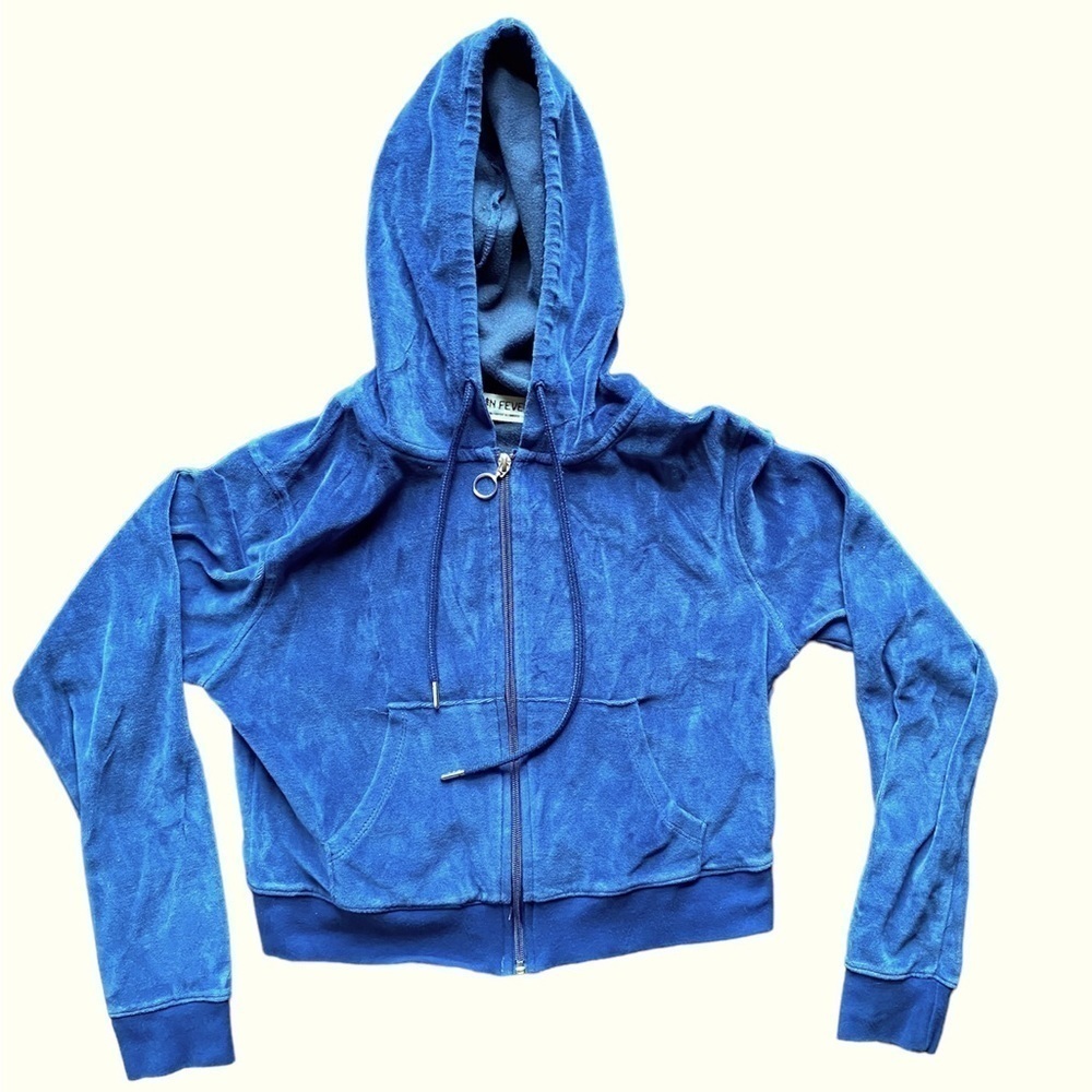 2/$15 Cabin Fever Blue Velour Cropped Zip-Up Hoodie Small